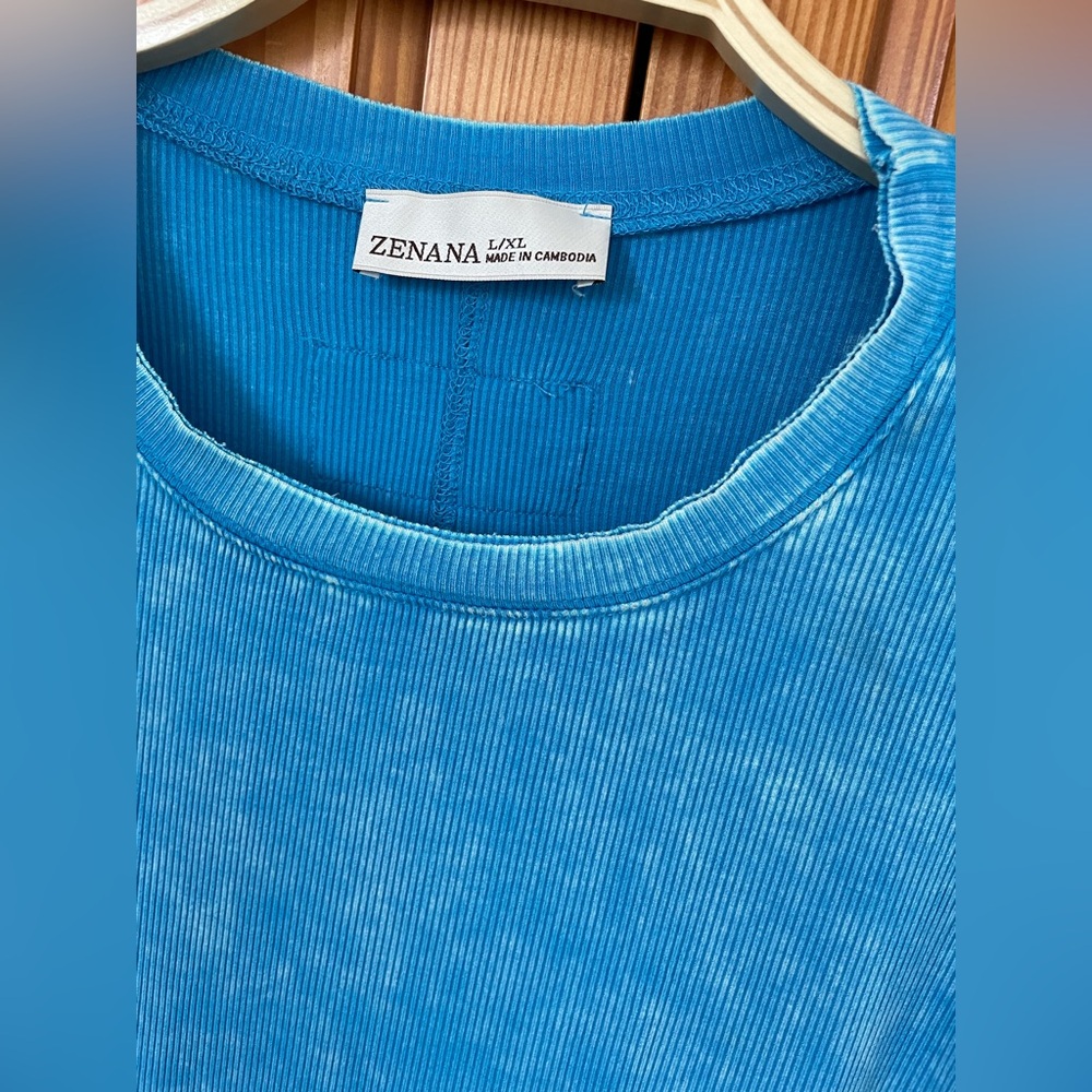 ZENANA Acid Wash Oversized ribbed Front Pocket Boyfriend Tee DEEP SKY L XL shirt - Picture 5 of 5